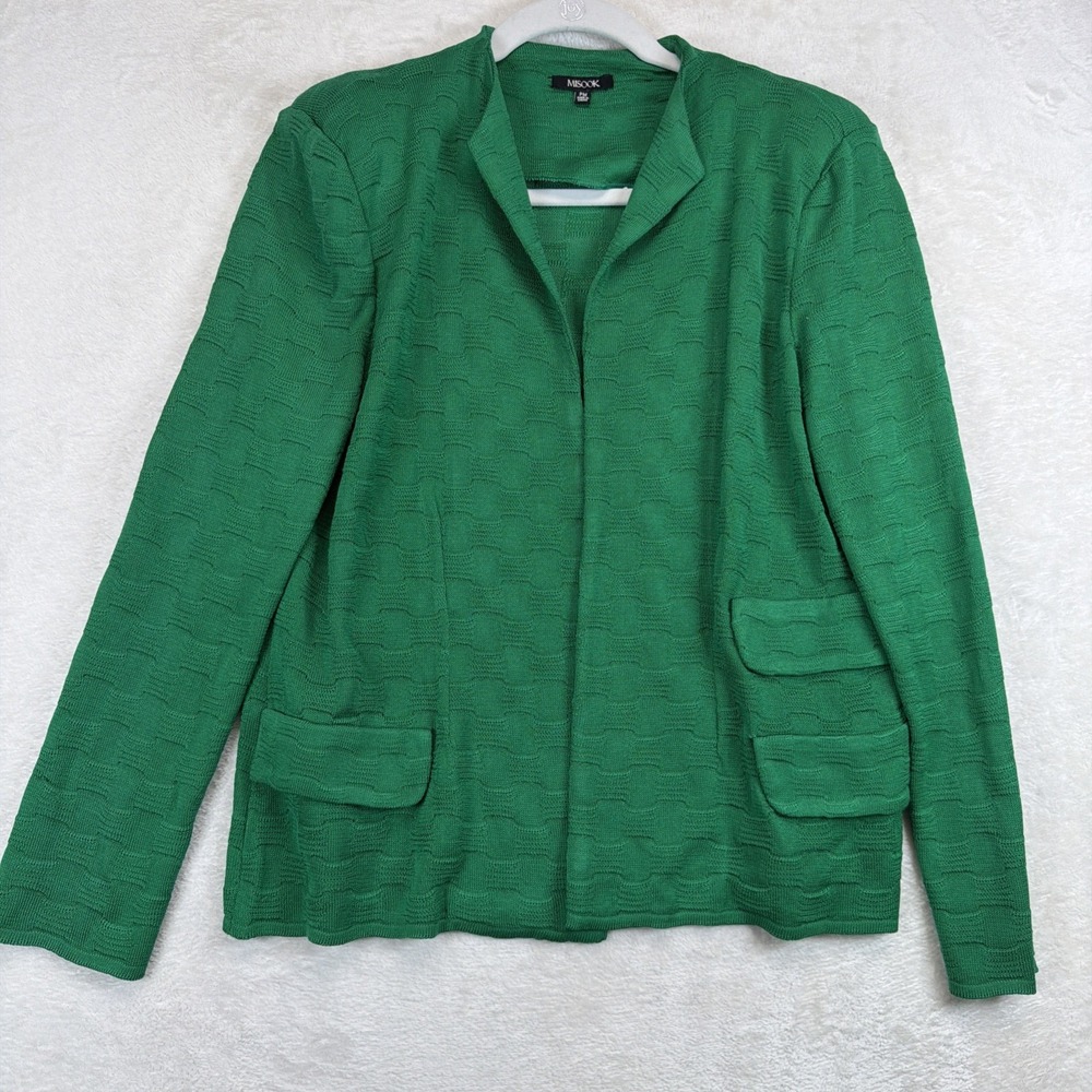 Misook Knit Blazer Jacket Womens PM Petite Medium Green Open Front Pockets